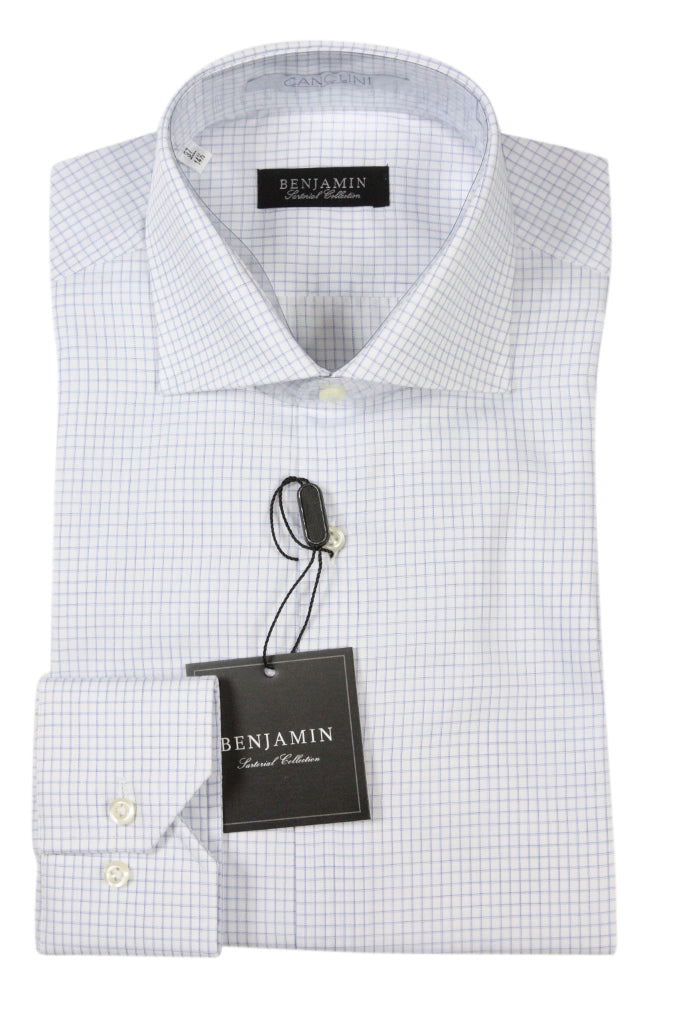 Benjamin Dress Shirt: White with fancy navy & blue tattersall plaid, medium spread collar, pure cotton