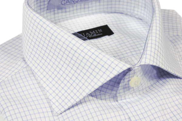 Benjamin Dress Shirt: White with fancy navy & blue tattersall plaid, medium spread collar, pure cotton