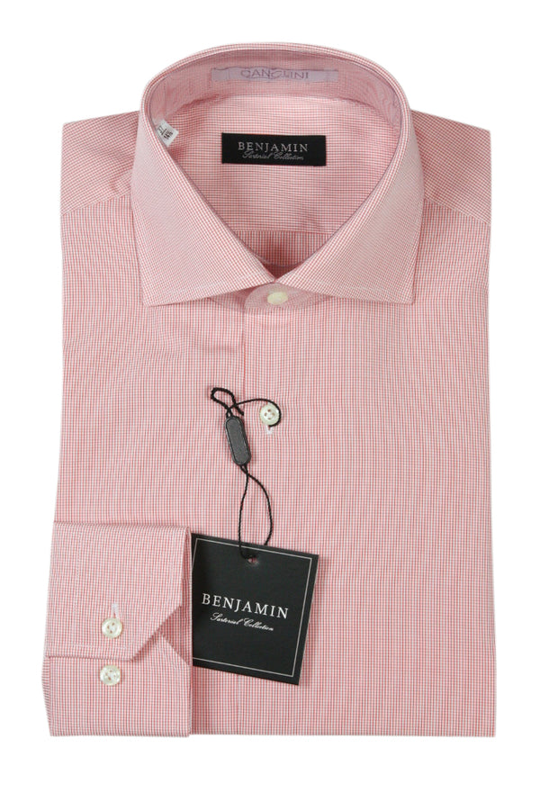 Benjamin Dress Shirt: White with red-orange micro tattersall plaid, medium spread collar, pure cotton