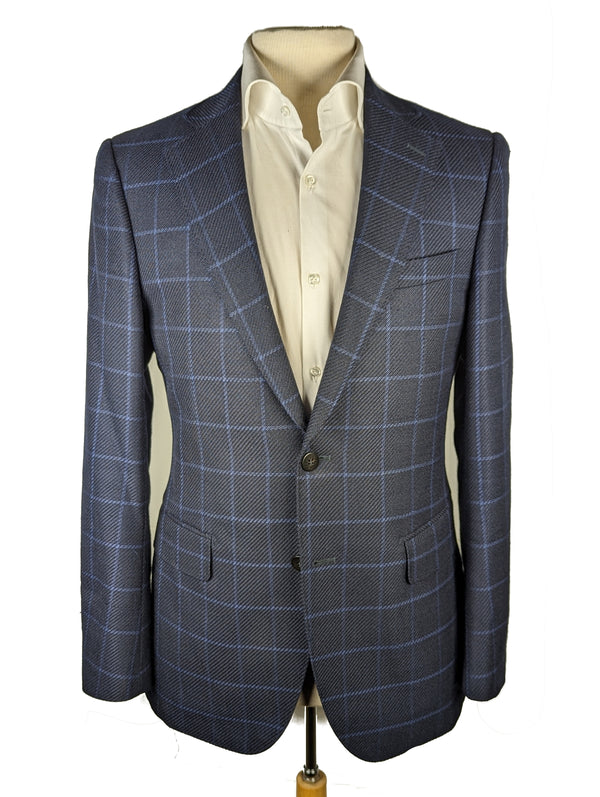 Benjamin Sample Sport Coat 38R Navy Windowpane 2-button Slim Fit Silk/Wool/Linen