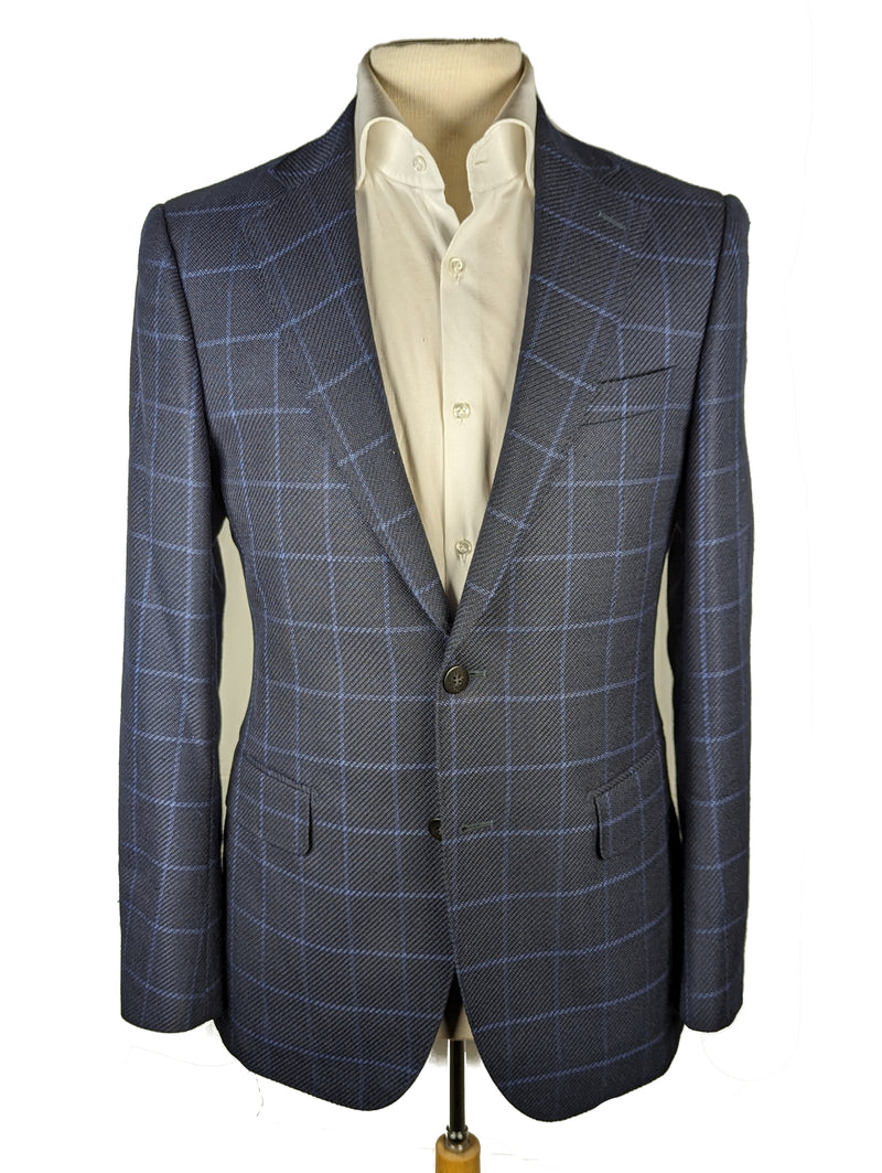 Benjamin di Delfino Sport Coat 38R Navy Windowpane 2-button Slim Fit Silk/Wool/Linen