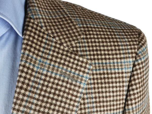 Benjamin Zegna Sport Coat Brown/Natural check Blue Windowpane 2-button Slim Fit Wool/Cashmere