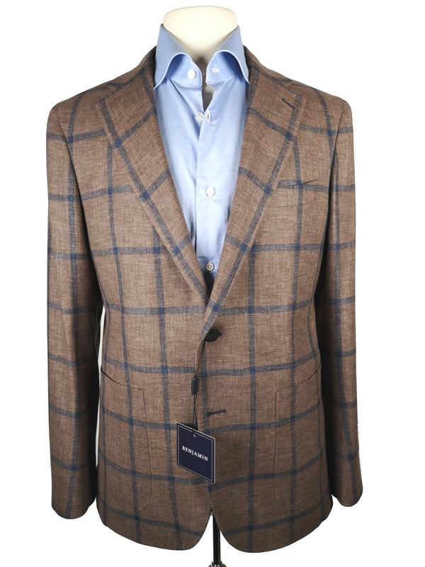 Benjamin Zegna Sport Coat Mushroom Brown Blue Windowpane 2-button Slim Fit Wool/Silk/Cashmere