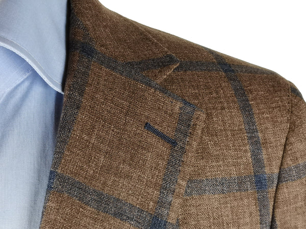Benjamin Zegna Sport Coat Mushroom Brown Blue Windowpane 2-button Slim Fit Wool/Silk/Cashmere
