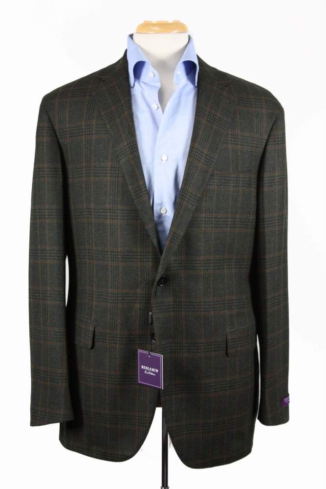 Benjamin Sartorial Sport Coat: 45R/46R, Dark greenish brown with rust plaid, Napoli 2-button, wool/cashmere