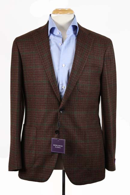 Benjamin Sartorial Sport Coat Burgundy & brown with green plaid, Napoli 2-button, pure cashmere