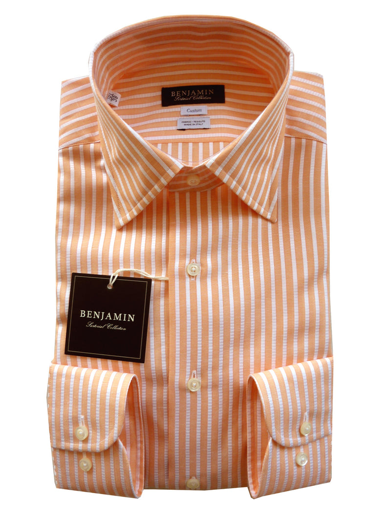 Benjamin Dress Shirt: Orange with white stripes, medium spread collar, cotton/linen