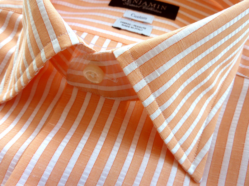 Benjamin Dress Shirt: Orange with white stripes, medium spread collar, cotton/linen