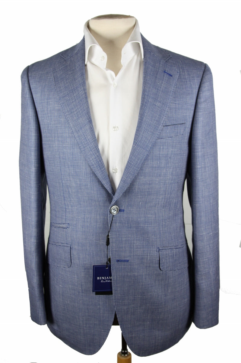 Final Sale Benjamin Sport Coat: 45R/46R, Sky blue &amp; white check, 2-button slim fit, pure linen