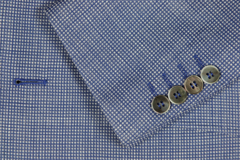 Final Sale Benjamin Sport Coat: 45R/46R, Sky blue &amp; white check, 2-button slim fit, pure linen