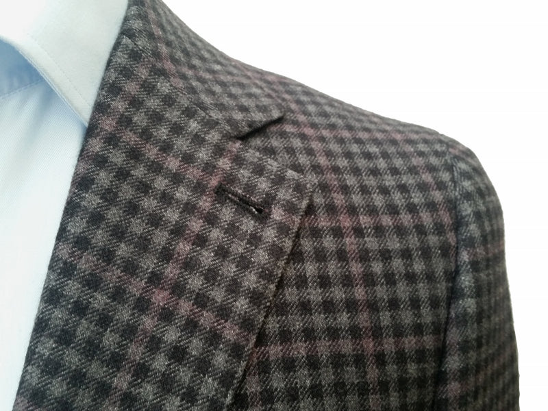 Bella Spalla Sport Coat: Charcoal & grey check with mauve, 2-button, silk/cashmere