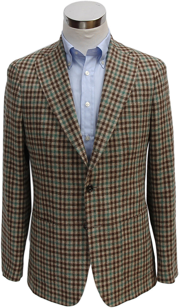 Final Sale Benjamin Sport Coat, Tan and green check,  3 rolling 2-button, pure wool - Lan di Pray