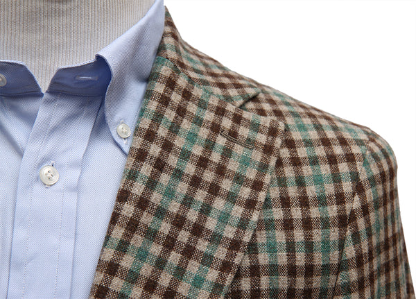 Final Sale Benjamin Sport Coat, Tan and green check,  3 rolling 2-button, pure wool - Lan di Pray