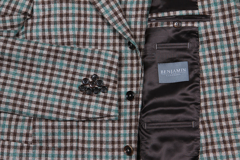 Final Sale Benjamin Sport Coat, Tan and green check,  3 rolling 2-button, pure wool - Lan di Pray