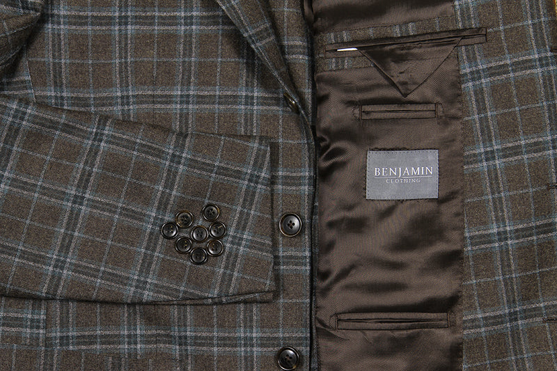 Benjamin Sport Coat Brown teal and green plaid 3 rolling 2-button pure wool di Pray