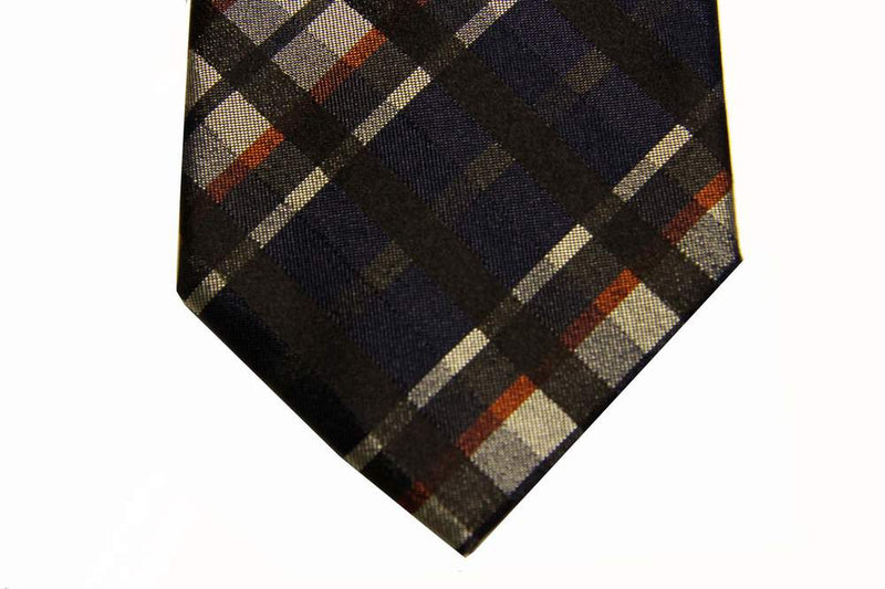 Benjamin Tie, Beige with navy/charcoal/rust plaid, silk