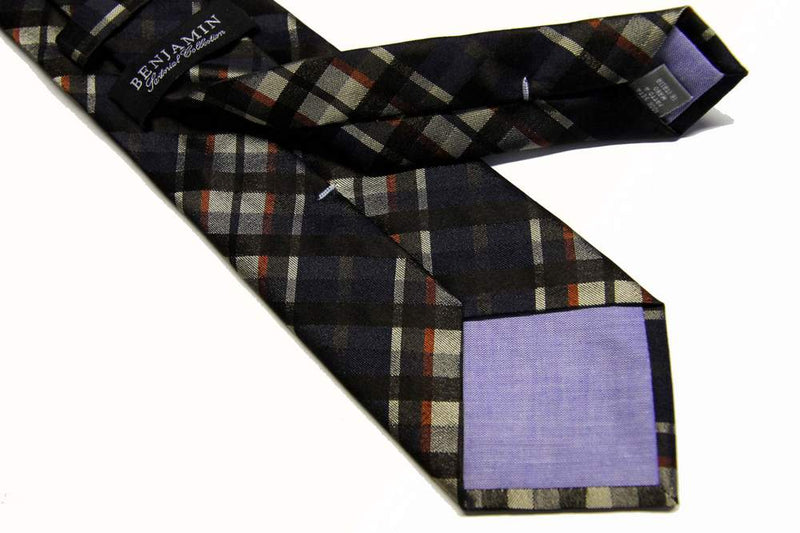Benjamin Tie, Beige with navy/charcoal/rust plaid, silk