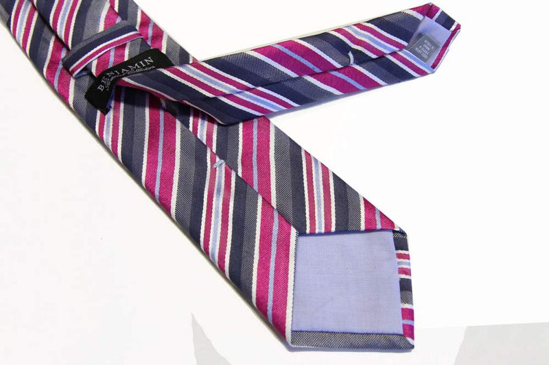 Benjamin Tie, Fuchsia with navy/sky/white stripes,  silk