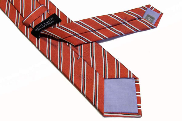 Benjamin Tie, Salmon orange with navy/white stripes,  silk
