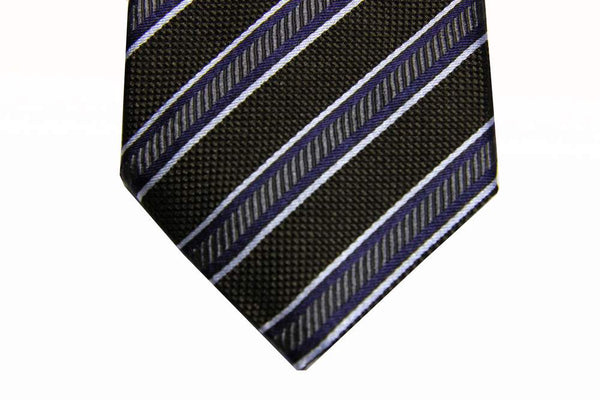 Benjamin Tie, Charcoal brown weave with blue/grey stripes,  silk