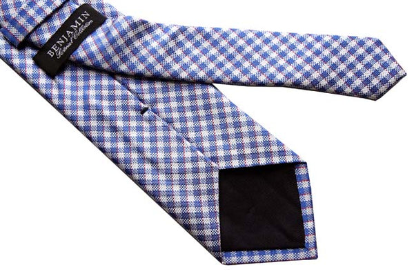 Benjamin Tie, Blue & white with red plaid, silk