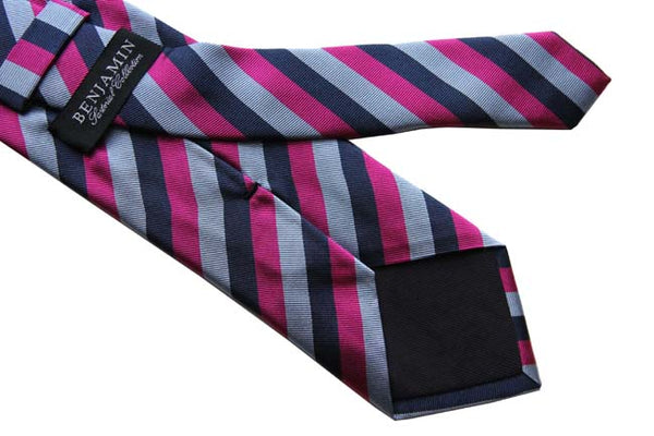 Benjamin Tie, Navy/fuchsia/light blue stripes, silk