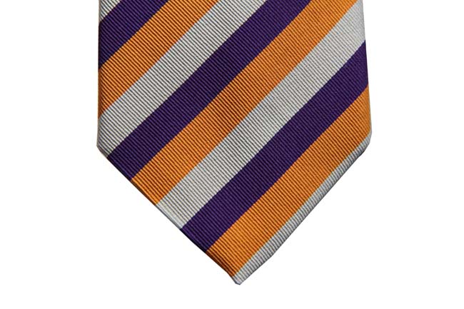 Benjamin Tie, Tangerine/purple/bone stripes,  silk