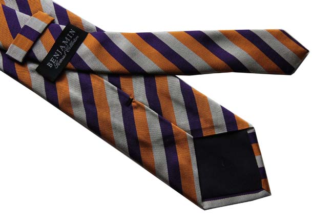 Benjamin Tie, Tangerine/purple/bone stripes,  silk