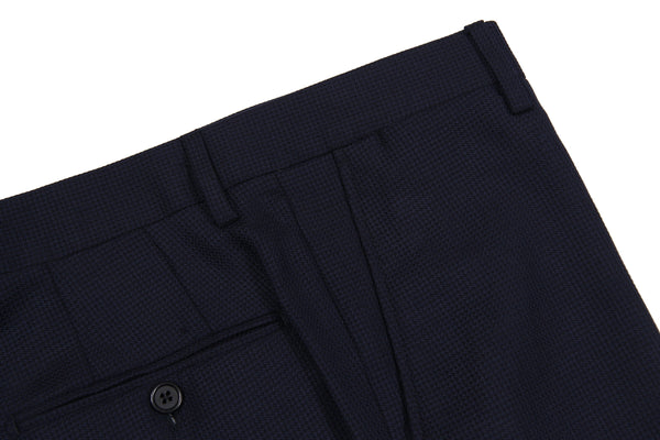 Bella Spalla Trousers: Navy Hopsack, Flat front, pure wool waffle hopsack - Reda