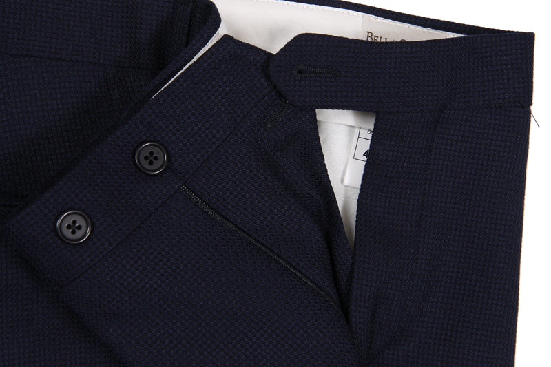 Bella Spalla Trousers: Navy Hopsack, Flat front, pure wool waffle hopsack - Reda