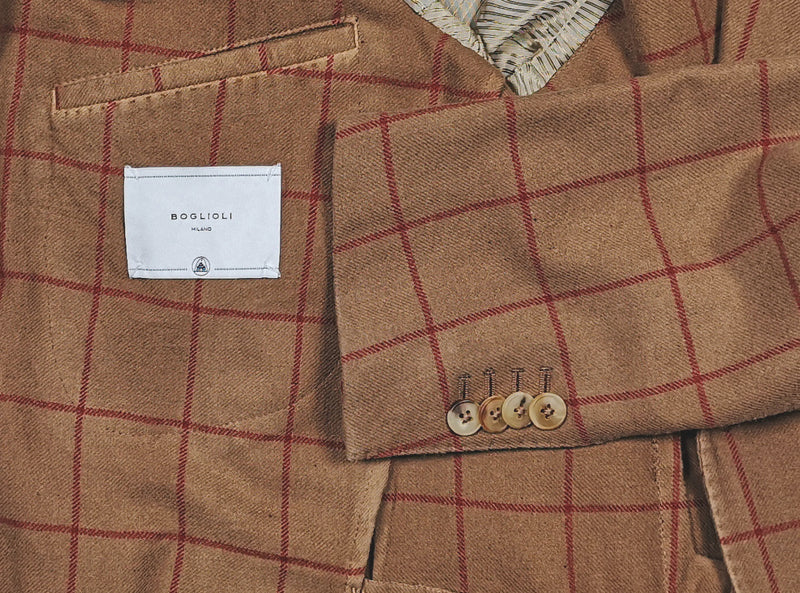 Final Sale Boglioli Suit 38R, Caramel with red windowpane 2-button Wool/Cashmere