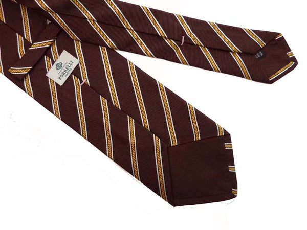 Borrelli Tie: Brown with gold/white stripes, pure silk