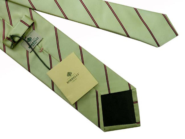 Borrelli Tie: Spring green with brown/pink stripes, pure silk
