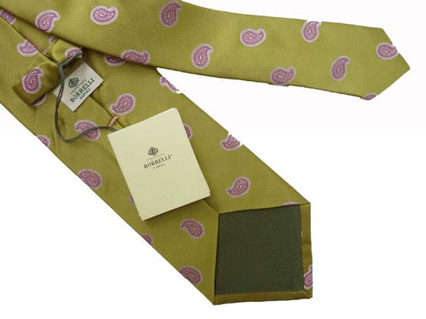 Borrelli Tie: Light olive with purple paisleys, pure silk