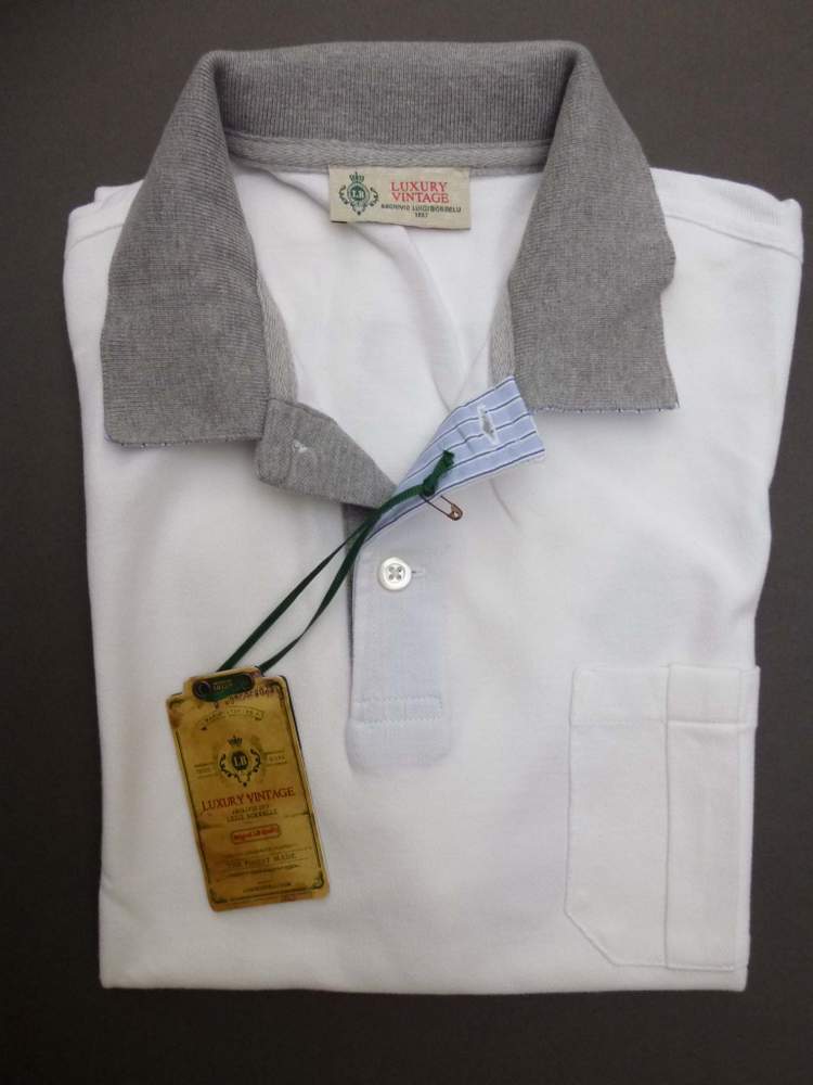 Borrelli Polo Shirt Medium White with Grey Cotton pique