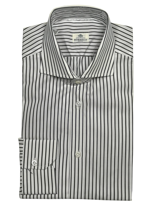 Borrelli Shirt 16.5: White with black stripes spread collar Cotton - slight damage