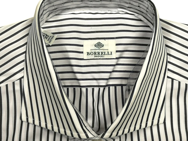 Borrelli Shirt 16.5: White with black stripes spread collar Cotton - slight damage