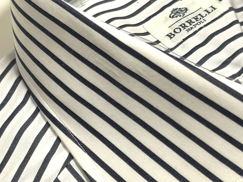 Borrelli Shirt 16.5: White with black stripes spread collar Cotton - slight damage