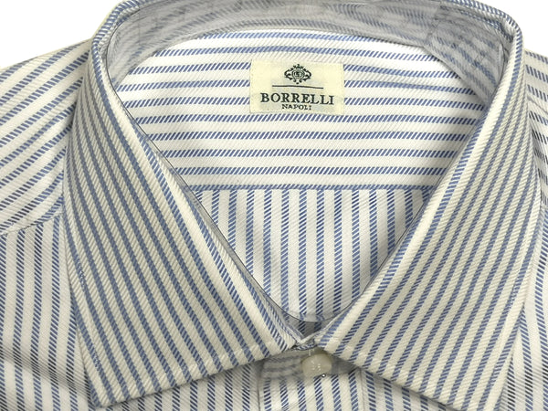 Borrelli Shirt 15 White with Blue Rope Stripes Cotton French Cuffs
