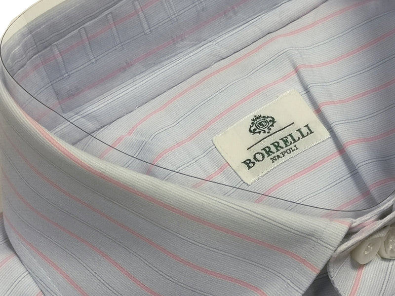 Borrelli Shirt 15.75 Light Blue with Pink Stripes Cotton