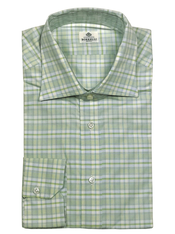 Borrelli Shirt 16.5 Chartreuse Light Blue Plaid Cotton