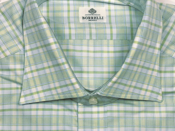 Borrelli Shirt 16.5 Chartreuse Light Blue Plaid Cotton