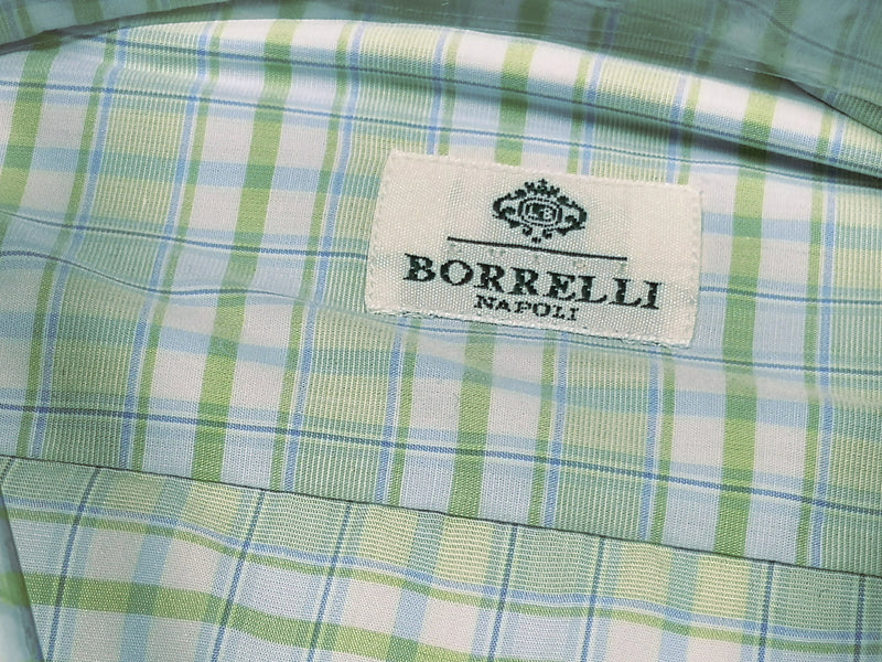 Borrelli Shirt 16.5 Chartreuse Light Blue Plaid Cotton
