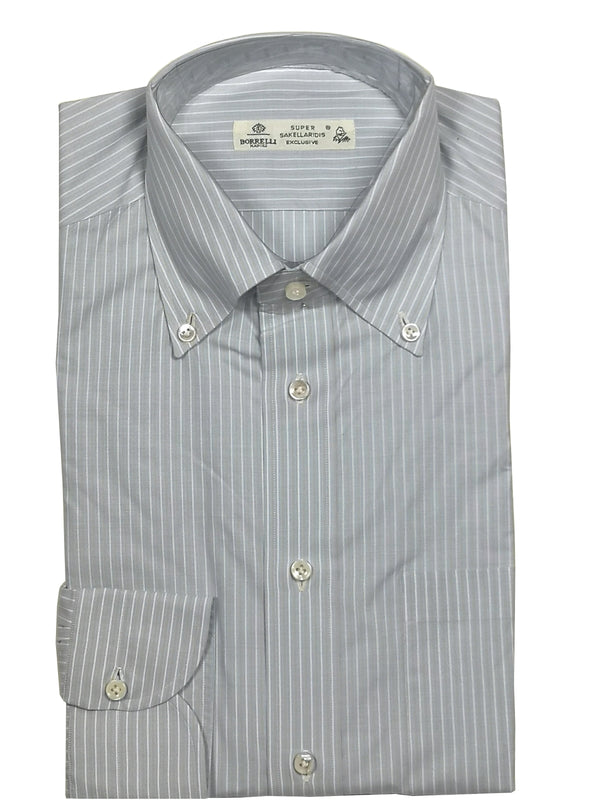 Borrelli Shirt 15.5 Pale Blue Stripes Cotton Button Down Collar Slim Fit