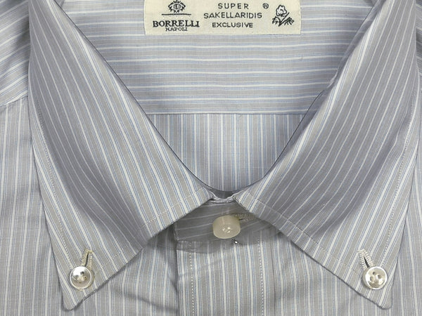 Borrelli Shirt 15.5 Pale Blue Stripes Cotton Button Down Collar Slim Fit