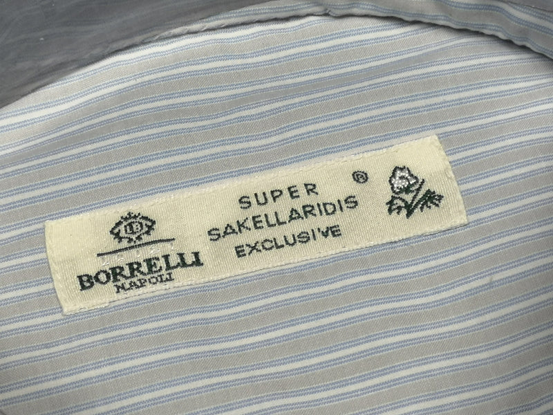 Borrelli Shirt 15.5 Pale Blue Stripes Cotton Button Down Collar Slim Fit