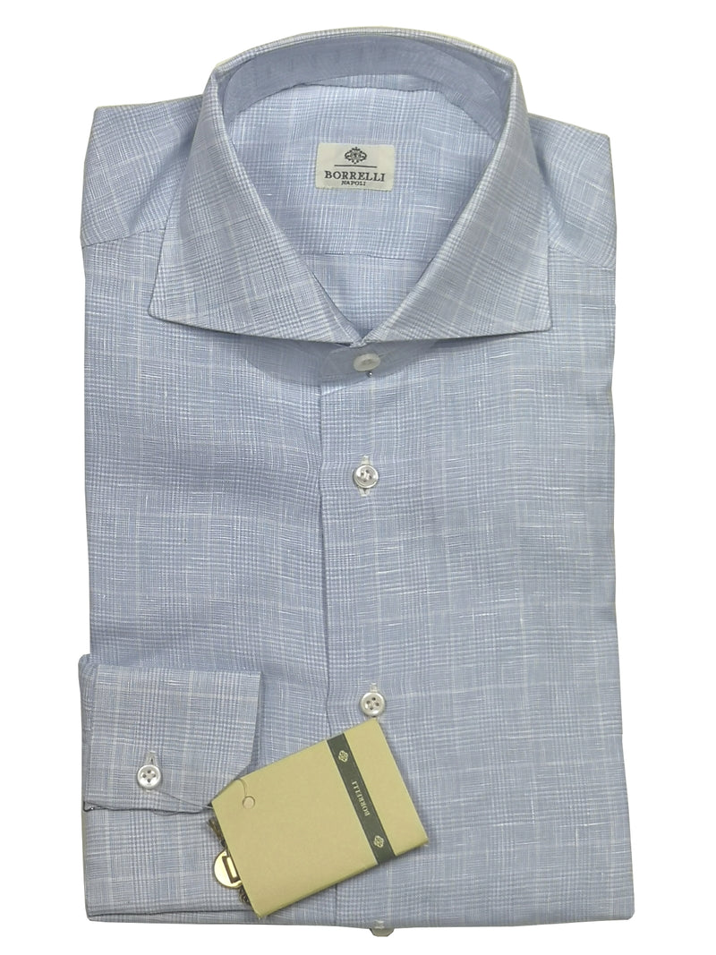 Borrelli Shirt 15.75 Light Blue Plaid Linen