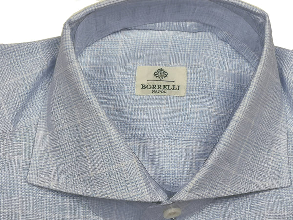 Borrelli Shirt 15.75 Light Blue Plaid Linen