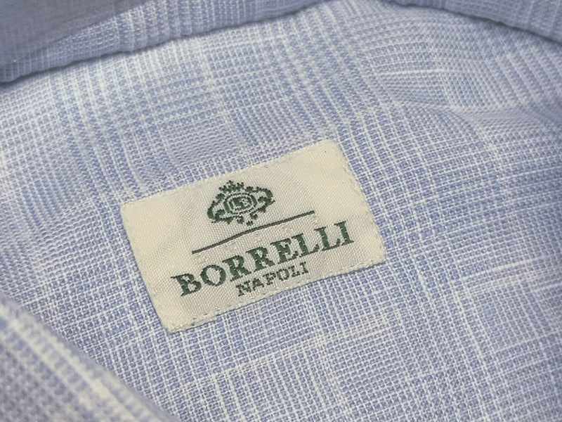 Borrelli Shirt 15.75 Light Blue Plaid Linen