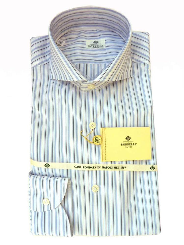 Borrelli Shirt: 16 White with light blue/black stripes, wide spread collar, pure cotton